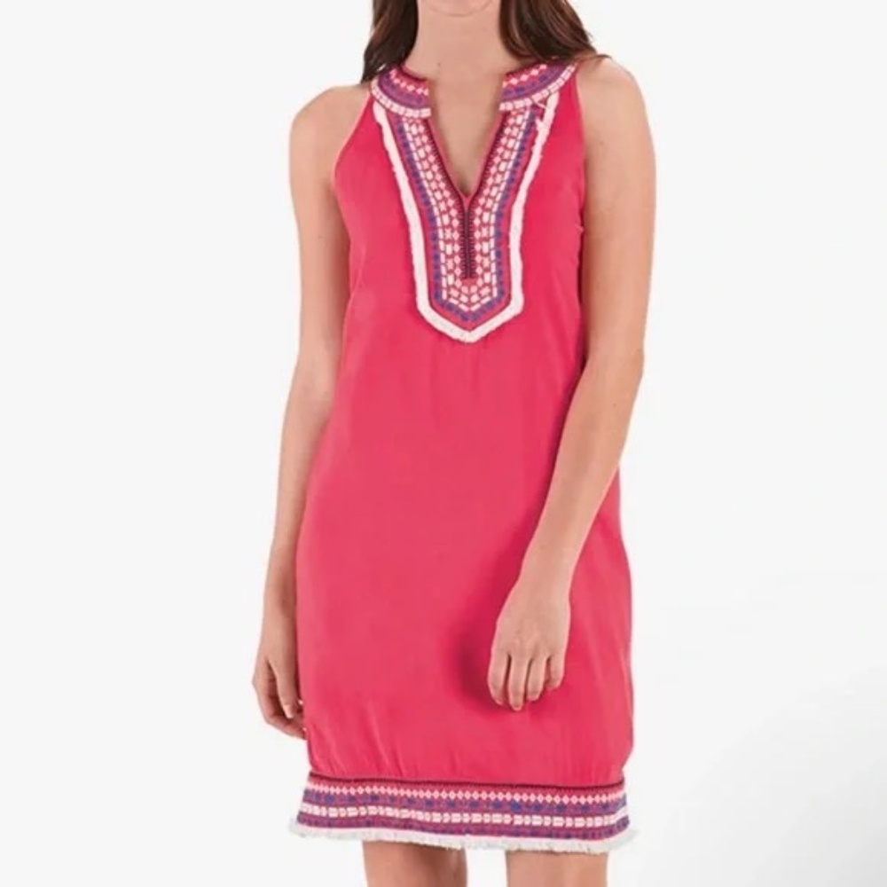 Mud Pie Women's James Sleeveless Shift Dress Pink Embroidered Boho Beach Sz L